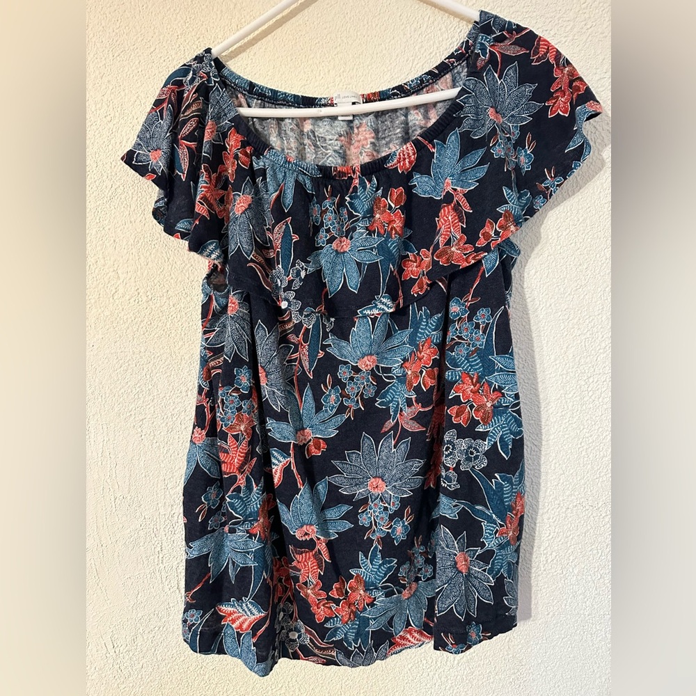 J.Jill Sarasa Floral Top Women Blue/Orange 100% Linen Ruffled Off Shoulder Sz 1X
